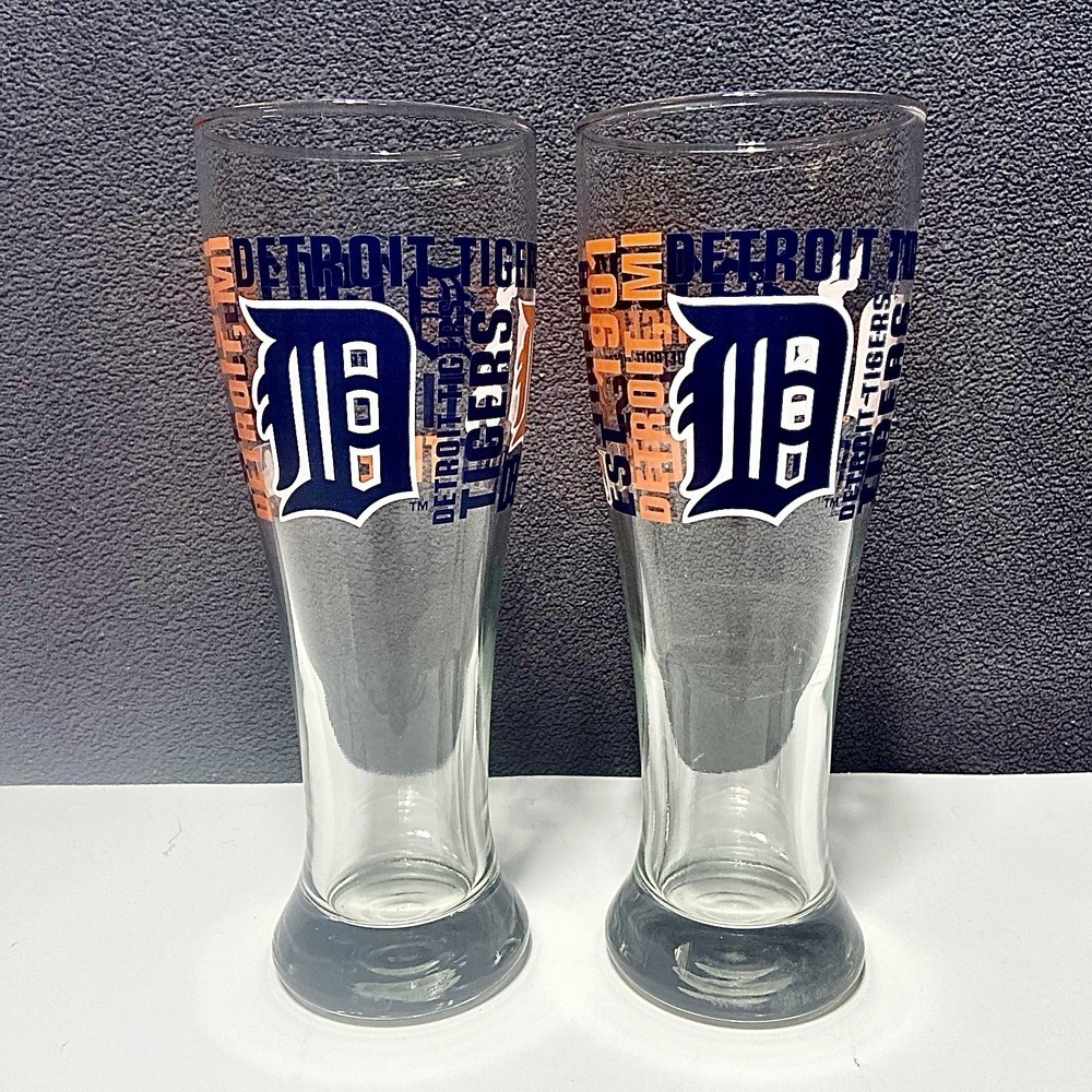Vintage Detroit Tigers Stein Glass Pilsner Beer‎ Set Of 2 NEW 8" Tall 16oz
